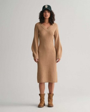 Gant Ribbed Wool V-Neck Women's Dress Dark Khaki | UBVAH-9017