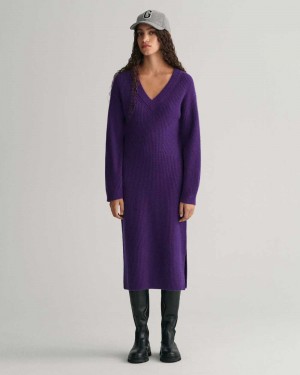 Gant Ribbed Wool V-Neck Women's Dress Pansy Purple | GUMON-0892