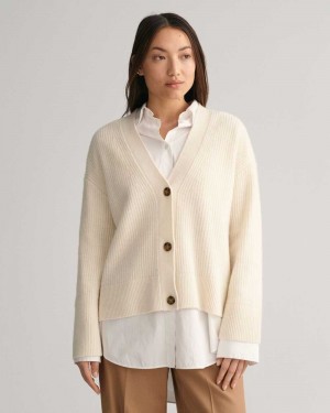 Gant Ribbed Wool Women's Cardigan Cream | TCAZQ-2615