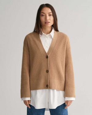 Gant Ribbed Wool Women's Cardigan Dark Khaki | QJABM-6507