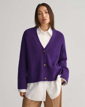 Gant Ribbed Wool Women's Cardigan Pansy Purple | IHRXZ-2586