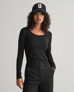 Gant Scoop Neck Long Sleeve Women's T-Shirt Black | PTHQE-2387