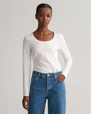 Gant Scoop Neck Long Sleeve Women's T-Shirt White | EAGPX-2460