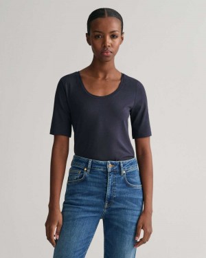 Gant Scoop Neck Women's T-Shirt Evening Blue | NXYJE-3278