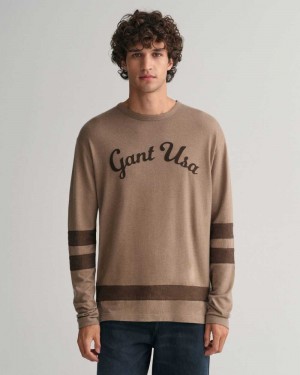 Gant Script Graphic Long Sleeve Men's T-Shirt Desert Brown | XNOUC-6371