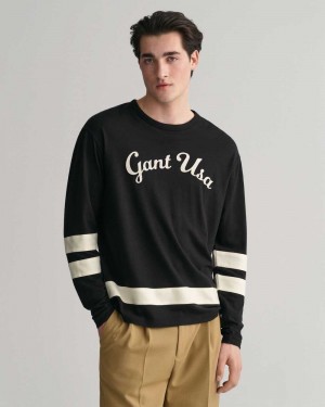 Gant Script Graphic Long Sleeve Men's T-Shirt Black | VULOI-4980