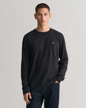 Gant Shield Long Sleeve Men's T-Shirt Black | QRWLZ-3147