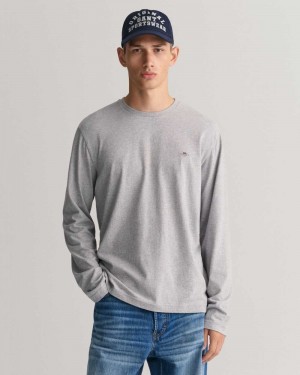 Gant Shield Long Sleeve Men's T-Shirt Grey Melange | EVSOZ-8402