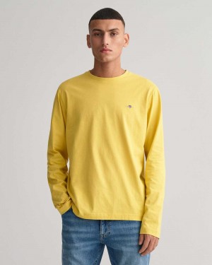 Gant Shield Long Sleeve Men's T-Shirt Parchment Yellow | RJWBP-8765