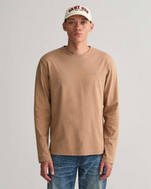 Gant Shield Long Sleeve Men's T-Shirt Warm Khaki | KIUCX-0835