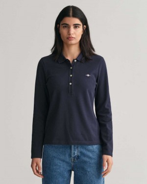 Gant Shield Long Sleeve Piqué Women's Polo Shirt Evening Blue | VLZSU-0351