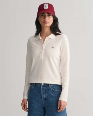 Gant Shield Long Sleeve Piqué Women's Polo Shirt Beige White | KQFGE-1635