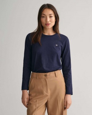 Gant Shield Long Sleeve Women's T-Shirt Evening Blue | RDYKZ-1075