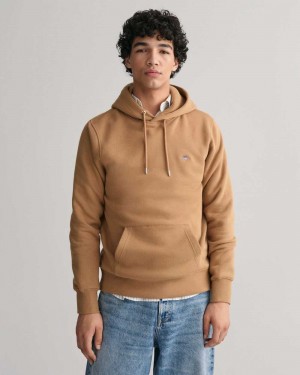 Gant Shield Men's Hoodie Warm Khaki | LJYZF-8935