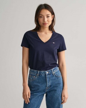 Gant Shield V-Neck Women's T-Shirt Evening Blue | UIJKL-3547