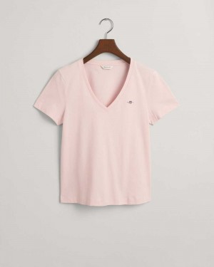 Gant Shield V-Neck Women's T-Shirt Faded Pink | CPVQG-7932