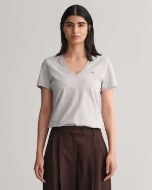 Gant Shield V-Neck Women's T-Shirt Light Grey Melange | KSCHD-4861