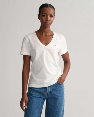 Gant Shield V-Neck Women's T-Shirt White | NSWJX-0896