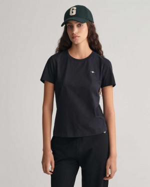 Gant Shield Women's T-Shirt Black | YGTJR-9037