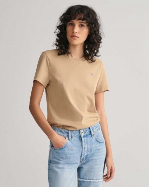 Gant Shield Women's T-Shirt Dark Khaki | FHVSZ-2470