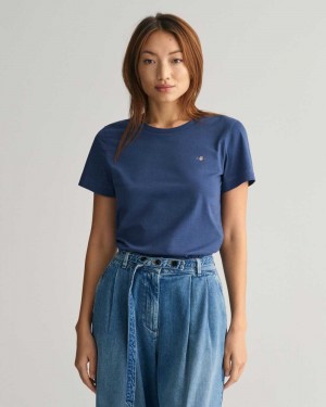 Gant Shield Women's T-Shirt Dusty Blue Sea | XHMPR-8201