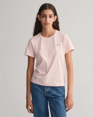 Gant Shield Women's T-Shirt Faded Pink | IGAJZ-7068