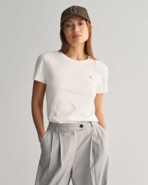 Gant Shield Women's T-Shirt White | QOHWG-9246