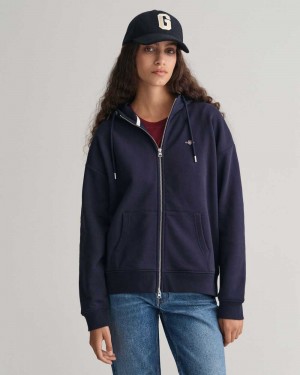 Gant Shield Zip Women's Hoodie Evening Blue | RMOPH-8196