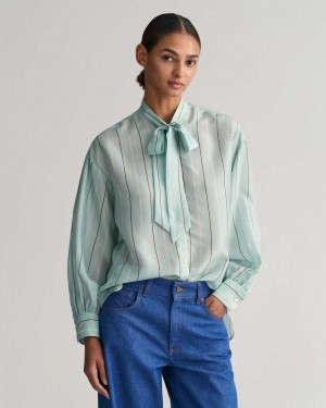 Gant Silk Striped Bow Women's Shirts Dusty Turquoise | JEMZO-5904