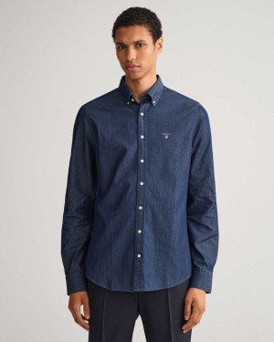 Gant Slim Fit Indigo Men's Shirts Dark Indigo | UGYHV-4285