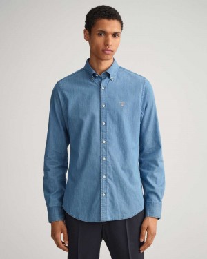 Gant Slim Fit Indigo Men's Shirts Semi Light Blue | PYOSE-1625