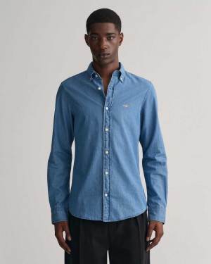 Gant Slim Fit Indigo Men's Shirts Semi Light Blue | MKLHN-6129