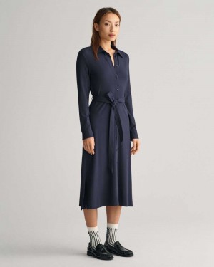 Gant Slim Fit Jersey Shirt Women's Dress Evening Blue | IQUAD-7631