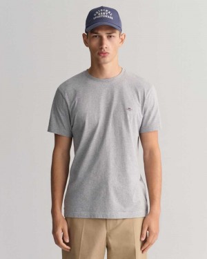 Gant Slim Fit Shield Men's T-Shirt Grey Melange | VRFPY-2957