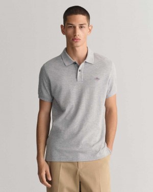 Gant Slim Fit Shield Piqué Men's Polo Shirt Grey Melange | QFWPX-3189