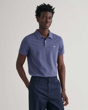 Gant Slim Fit Shield Piqué Men's Polo Shirt Blue Melange | GOKPI-2764