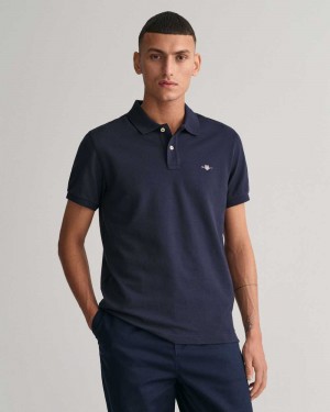 Gant Slim Fit Shield Piqué Men's Polo Shirt Evening Blue | GKBPN-7803