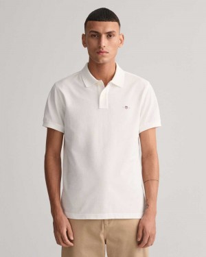 Gant Slim Fit Shield Piqué Men's Polo Shirt White | UJVFL-9467