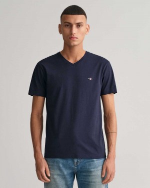 Gant Slim Fit Shield V-Neck Men's T-Shirt Evening Blue | KPSET-8594