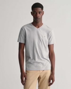 Gant Slim Fit Shield V-Neck Men's T-Shirt Grey Melange | YAUFN-2849