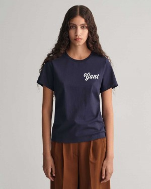 Gant Small Graphic Women's T-Shirt Evening Blue | DRPSX-3582