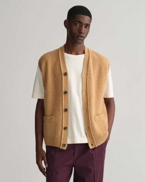 Gant Soft Wool Button-Up Men's Vest Khaki Melange | QFSDM-0248