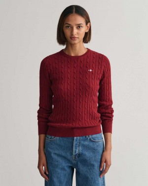 Gant Stretch Cotton Cable Knit Crew Neck Women's Sweater Plumped Red | DHTLF-8345