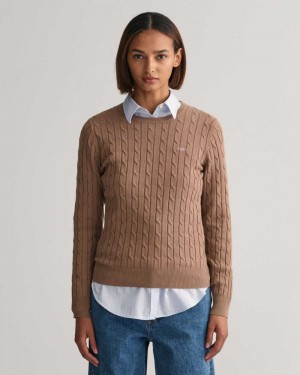 Gant Stretch Cotton Cable Knit Crew Neck Women's Sweater Mole Brown | LXBHV-0956