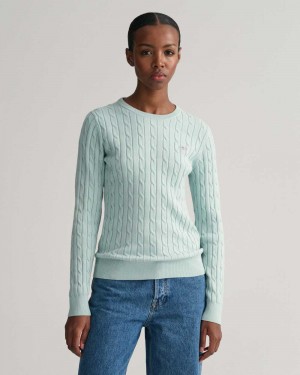 Gant Stretch Cotton Cable Knit Crew Neck Women's Sweater Dusty Turquoise | BNVWM-6082