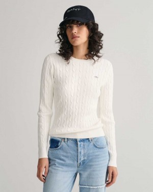 Gant Stretch Cotton Cable Knit Crew Neck Women's Sweater Beige White | RAKGO-6983