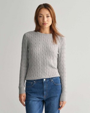 Gant Stretch Cotton Cable Knit Crew Neck Women's Sweater Mid Grey | PVLNI-1746