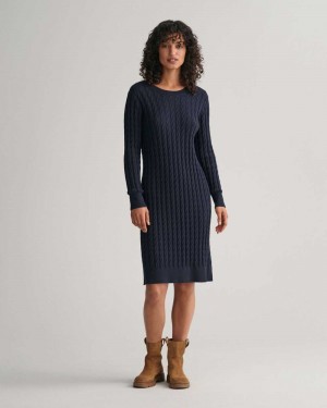 Gant Stretch Cotton Cable Knit Crew Neck Women's Dress Evening Blue | CZGHL-4795