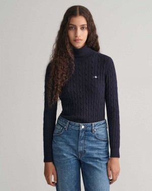 Gant Stretch Cotton Cable Knit Turtleneck Women's Sweater Evening Blue | NDFXB-8501