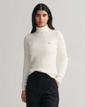 Gant Stretch Cotton Cable Knit Turtleneck Women's Sweater Beige White | QVDZE-6043